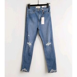 JUST BLACK DENIM  Women Sz 25 Med Wash Distressed Knee And Hem Skinny Casual